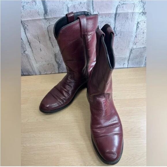 Vintage Old West Men's Western Burgundy Leather Roper Cowboy Boots Size 8.5D - Picture 2 of 13